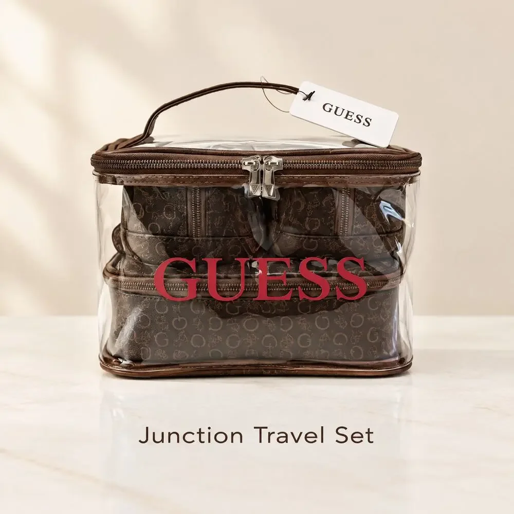 GUESS Junction Travel Set 4 Pcs Cosmetic Bag Brown Monogram Makeup Case